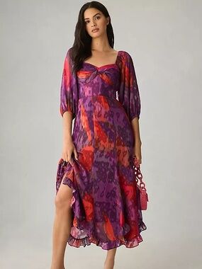 Hutch by Anthropologie Purple & Red Twist-Front Midi Dress